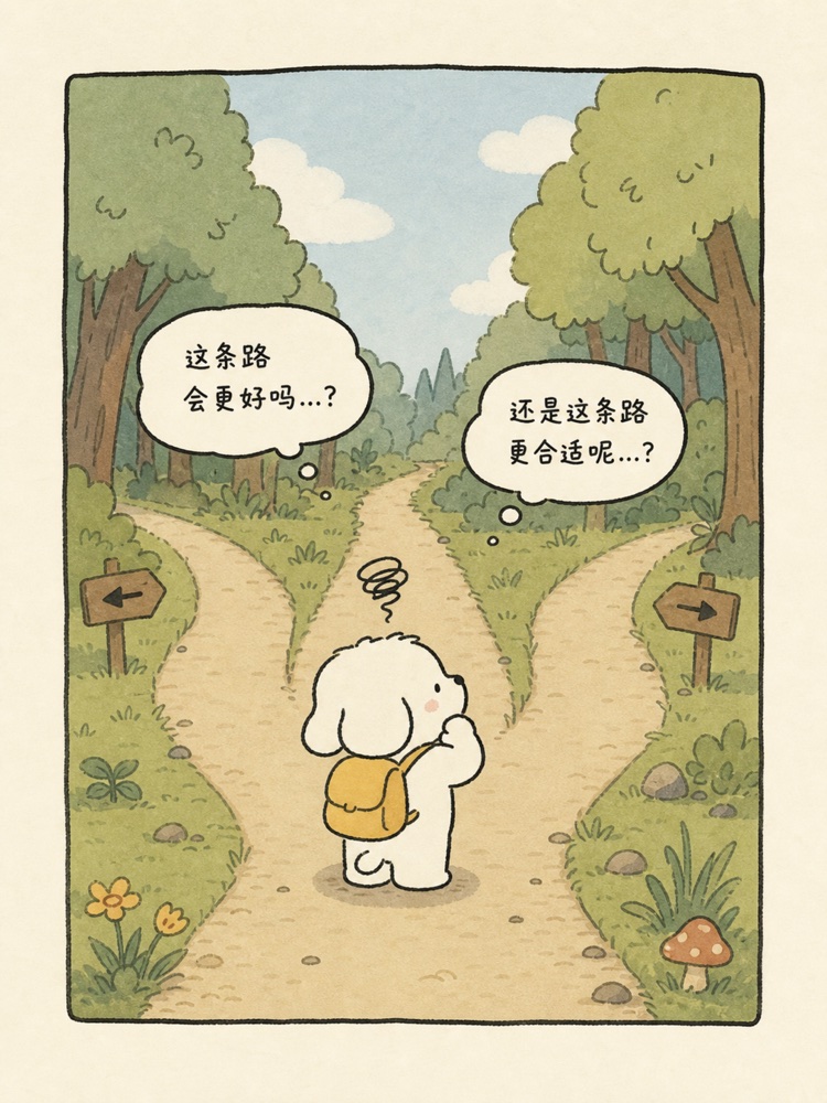 站在分岔路口思考不同选择的插画