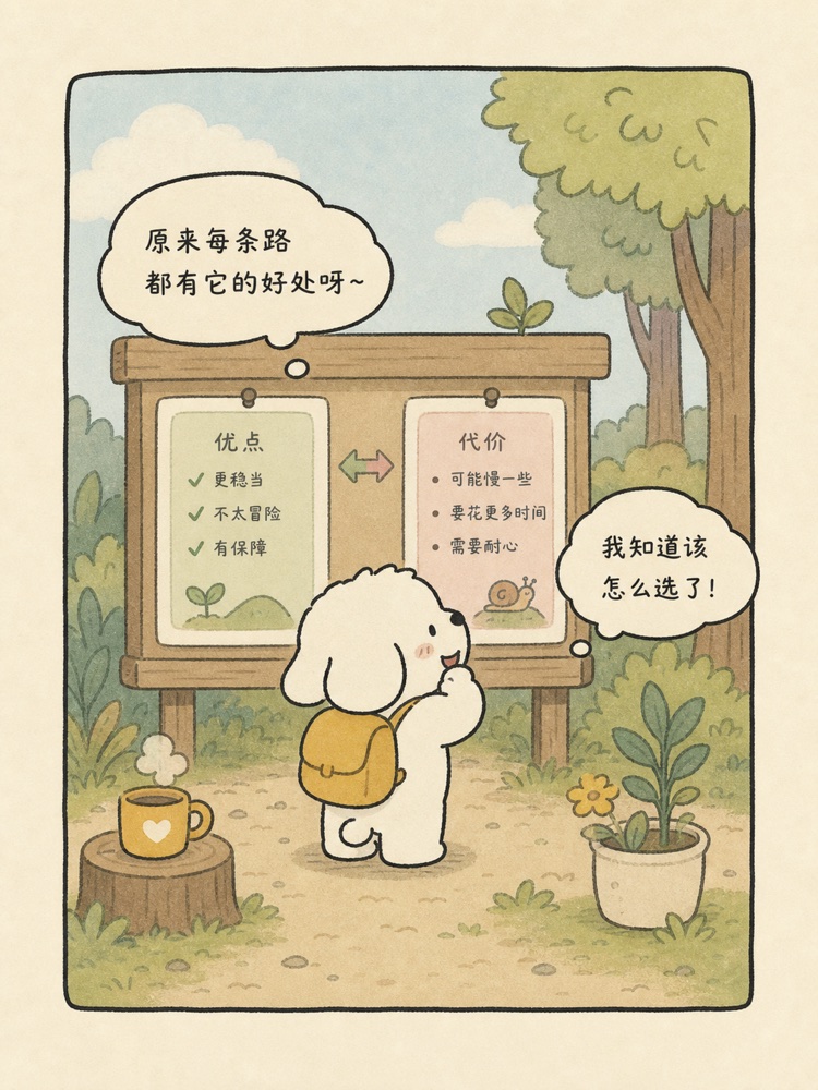 对照路径优点和代价的插画